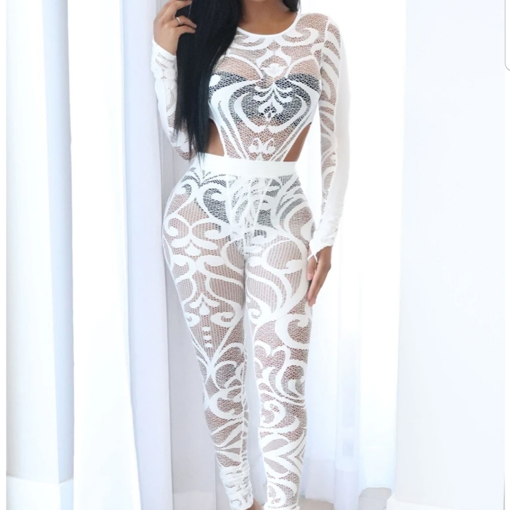 White sheer bodysuit and pants set